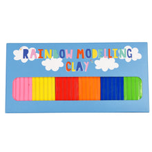 Load image into Gallery viewer, Blue card packaging has a window through which to see 6 colours of clay. Illustrations of clouds sit behind colourful capital letters of &quot;Rainbow Modelling Clay&quot;.
