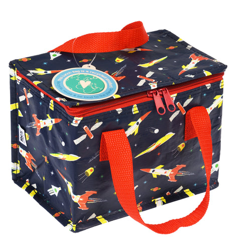 blue lunch bag with rockets