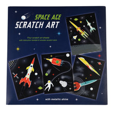 Load image into Gallery viewer, Space Age Scratch Art packaging is dark blue and shows 4 scratch art sheets with final designs. Packaging reads &quot;four scratch art sheets with instruction booklet and wooden scratch stick.&quot; and &quot;with metallic shine&quot;.

