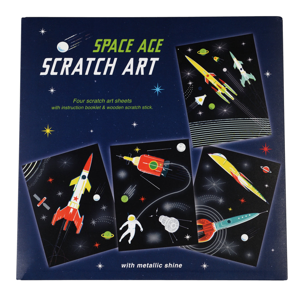 Space Age Scratch Art packaging is dark blue and shows 4 scratch art sheets with final designs. Packaging reads 