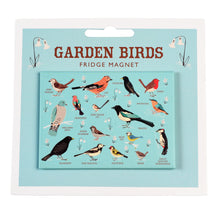 Load image into Gallery viewer, Light blue rectangular magnet with illustrations of 16 birds and their names sits on a card backing that reads &quot;Garden Birds Fridge Magnet&quot; and has flower illustrations.
