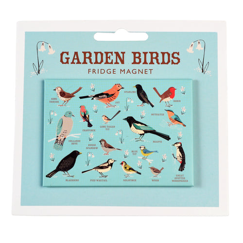 Light blue rectangular magnet with illustrations of 16 birds and their names sits on a card backing that reads 