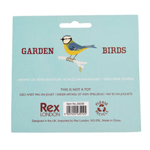 Load image into Gallery viewer, Back of the cardboard backer packaging reads &quot;Garden Birds&quot;, &quot;This is not a toy&quot;, &quot;Rex London&quot; &quot;Please Recycle&quot; and &quot;Designed in the UK. Imported by Rex London...Made in China&quot;. There is also a barcode and an illustration of a Blue Tit. 
