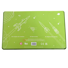Load image into Gallery viewer, Reverse of tin box is lime green. White illustrations of rockets. Back reads &quot;warning! choking hazard; small parts. Not for children under 3 years. Rex London. Designed in the UK. Imported by Rex London, W3 0RL. Made in China.&quot; 
