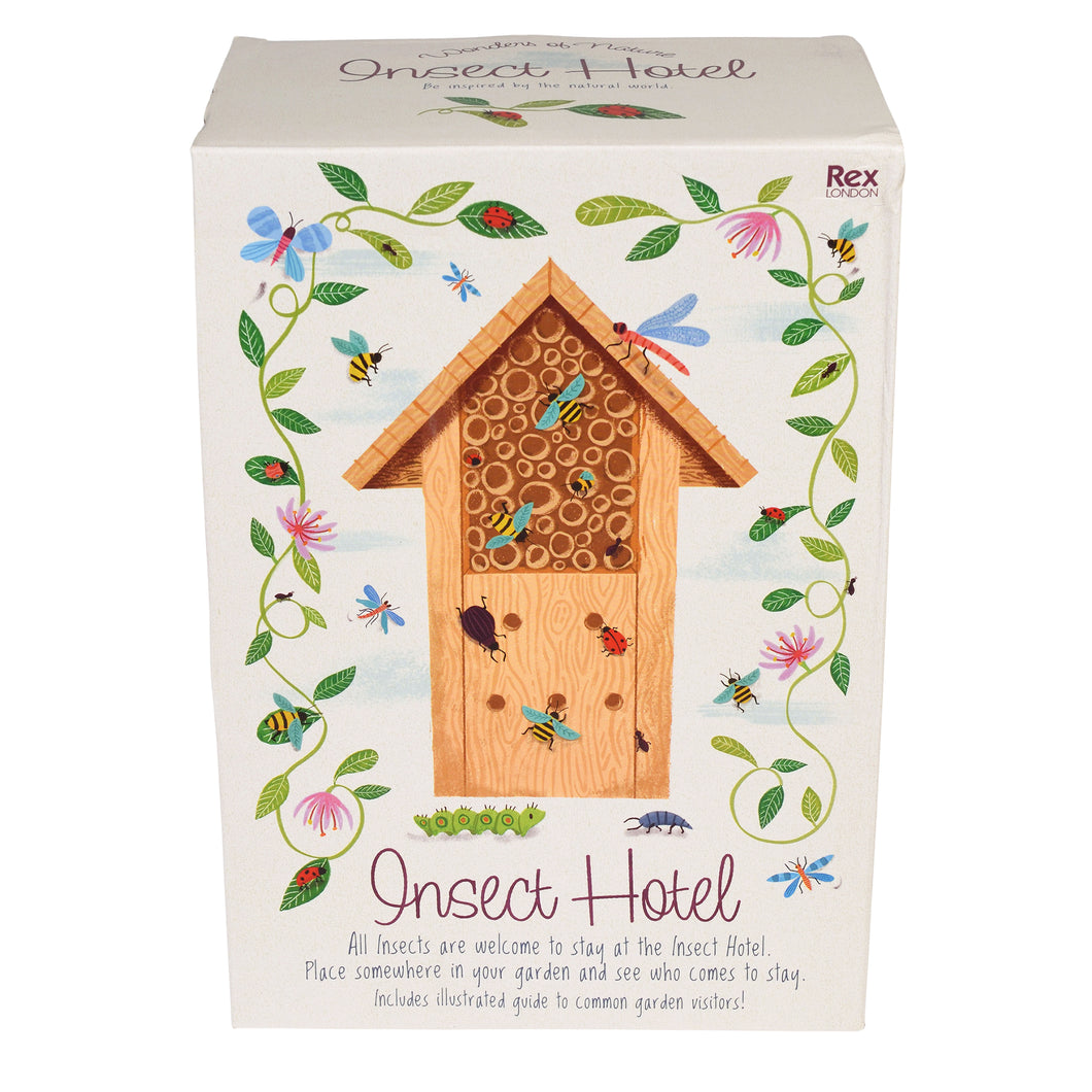 White box with illustration of wooden insect hotel with sloping roof. Box reads 