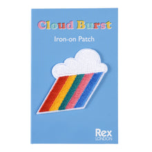 Load image into Gallery viewer, Blue cardboard back with patch attached. Packaging reads &#39;cloud burst, iron-on patch, rex london&#39;. 

