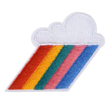 Load image into Gallery viewer, Patch has a white fluffy cloud with a rainbow of red, yellow, green, pink and blue stripes coming from it.

