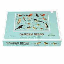 Load image into Gallery viewer, Garden Birds puzzle box reads &quot;Garden Birds 1000 piece jigsaw puzzle 68.5 x 51 cm&quot;. Brand name is Rex. Blue puzzle box shows picture of completed jigsaw puzzle. On the side of the box are pictures of birds and their names below. 
