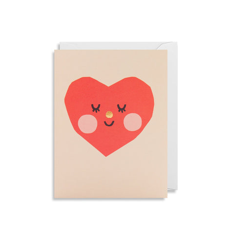 Off white card with red heart with face (smiling, eyes closed, pink round cheeks, gold foil nose). Inside envelope is white.