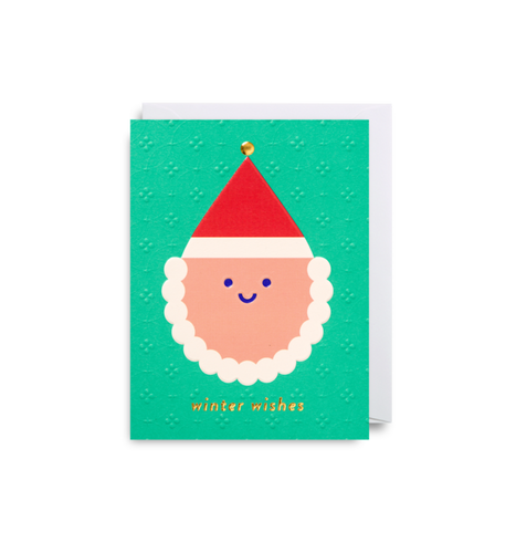 Green card with Father Christmas head illustration. Beard is made of round white circles. Card reads 