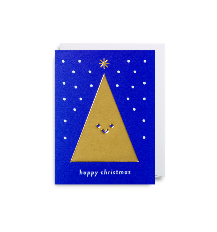 Blue card with gold triangle and star to represent a Christmas tree. White dots in the background for snow. Bottom of the card reads 'happy christmas' in lower case white letters. Envelope is white. 