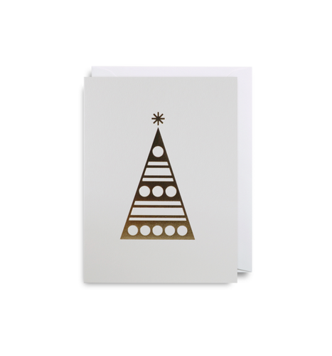 Off white card with gold foil Christmas tree shaped triangle. White envelope is inside the card. 