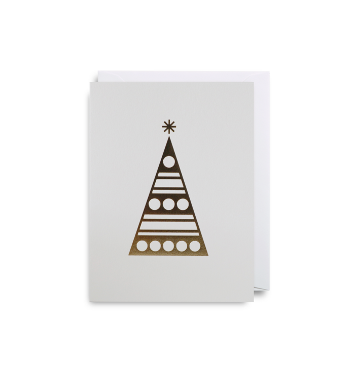 Off white card with gold foil Christmas tree shaped triangle. White envelope is inside the card. 