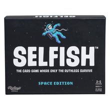 Load image into Gallery viewer, Front of box is black space with white stars. A cartooon skeleton astronaut with a shattered helmet floats. Title reads &#39;Selfish TM The card game where only the ruthless survive, space edition&#39;. Brand is &#39;Ridley&#39;s Games&#39;. Small print reads &#39;2-5 players Age 7+ 20 mins playtime&#39;
