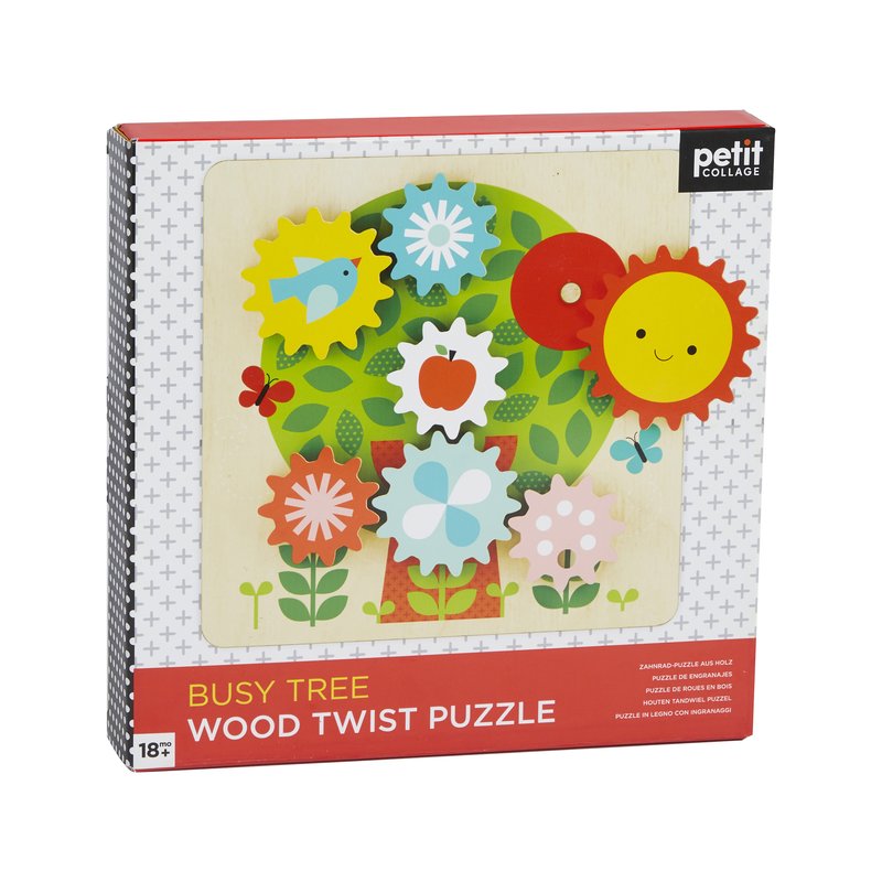 Packaging is cardboard box with image of the puzzle. The puzzle is a light-coloured wooden base with a colour illustration of a tree and flower leaves. Gears or cogs with illustrations of a sun, bird, an appple and flowers sit atop the puzzle. 