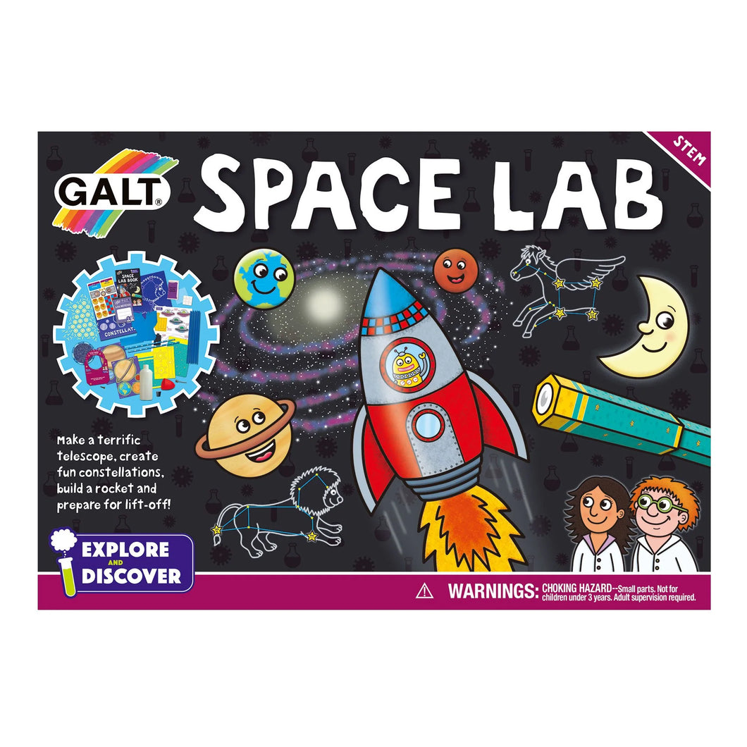 Space Lab box cover is black with illustations of a robot flying a rocket, planets in a galaxy, constellations and a crescent moon. A small photo of the contents in on the left. Tagline in bottom left reads 
