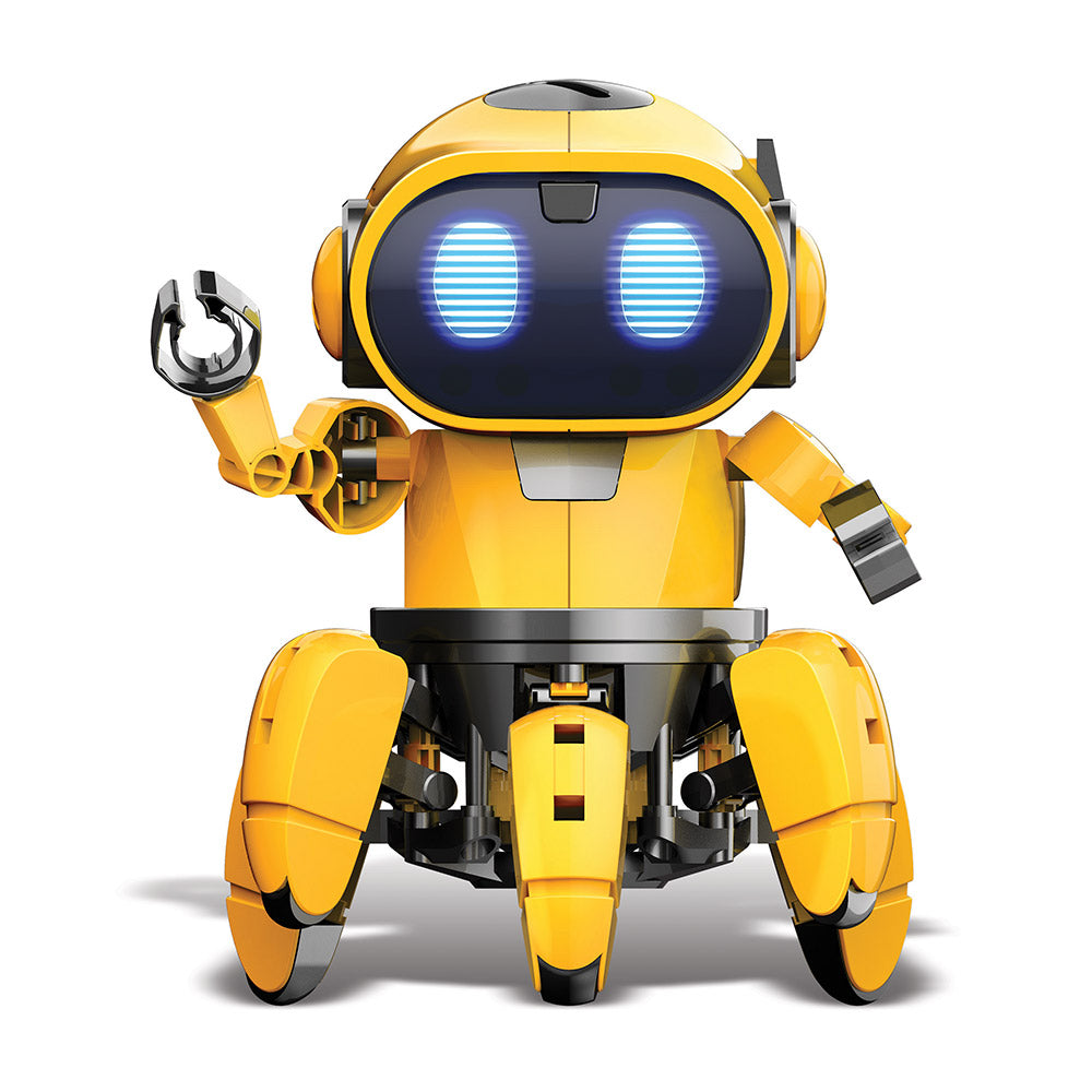 Yellow robot stands on several legs (3 can be seen).