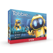 Load image into Gallery viewer, Front of box. Title reads &#39;Tobbie the Robot&#39;. Cover depicts 2 pictures of the yellow robot. 
