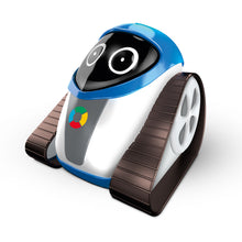 Load image into Gallery viewer, Woki Robot close up. Two large tire treads on the tires. Woki is short and round with a large black &#39;face&#39; with white lights for eyes. Logo on the front is a circle with green, yellow, red and blue arches.
