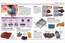 Load image into Gallery viewer, Pages 64-65 are about identifying minerals. Sections across the page include: hardness, specific gravity, colour, streak, transparency and lustre. The page has photographs of minerals in each section. One photograph shows a white hand holding a mineral in one hand and pressing it with the other thumb. 
