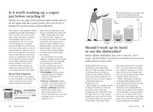 Load image into Gallery viewer, Pages 22 asks &#39;Is it worth washing up a yogurt pot before recycling it?&#39; with subheading &#39;recycling etiquette&#39; and a fact with a black and white illustration of a yogurt pot. Page 23 asks &#39;should I wash up by hand or use the dishwasher?&#39;. Above this question is an infographic of a white man stacking plates on a graph comparing water used. Below each question is an answer in italics, several paragraphs of text.
