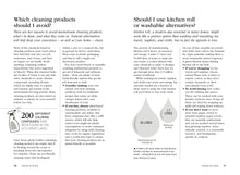 Load image into Gallery viewer, Page 30 reads &#39;Which cleaning products should I avoid&#39;, with a fact next to an illustration of a spray bottle. Page 31 reads &#39;Should I use kitchen roll or washable alternatives?&#39;. An infographic shows two water drops to show the difference between washing a tea towel and manufacturing a roll of kitchen roll. 
