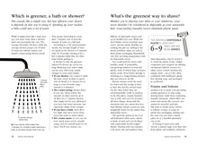 Load image into Gallery viewer, Page 72 asks &#39;Which is greener, a bath or shower&#39; with an infographic of a shower head to demonstrate how much water each uses. Page 73 asks &#39;what&#39;s the greenest way to shave?&#39; with an illustration of a razor and a fact &#39;the average disposable razor is used only 6-9 times before being binned.&#39;
