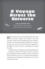 Load image into Gallery viewer, Inside page of the book has a section title &quot;A Voyage Across the Universe&quot; by &quot;Professor Bernard Carr, School of Physics and Astronomy, Queen Mary Univerity of London&quot;. Section heading is grey with illustrations of galaxies. 
