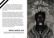 Load image into Gallery viewer, Pages 70 is about Zanele Muholi and has 3 paragraphs and a caption for the image on page 71. The black and white photograph is of a Black woman with clothes-pins in her hair, on her ears and on the cloth around her shoulders. Her lips are painted white and her eyes are lined in white. 

