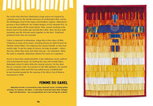Load image into Gallery viewer, Pages 54-55 are about artist Abdoulaye Konate. On the left on a yellow page are 3 paragraphs of text and a caption for the image on page 55. The image on the other side is of artwork made of strips of fabric arranged in colours with yellow, red and orange and blue.
