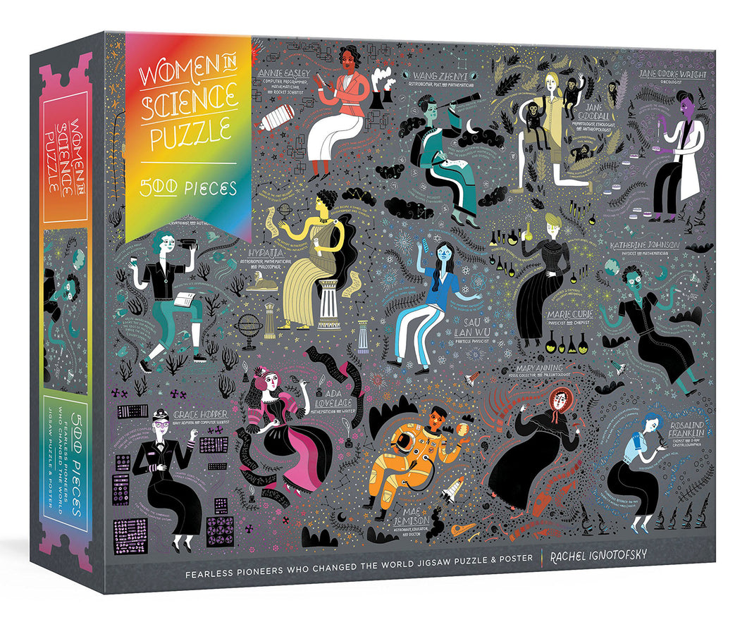 Front of Puzzle box features design of the puzzle. Puzzle is dark grey with colourful images of 15 women. Women of colour are depicted using rainbow colours, while white women are paper white. Beside each person is their name and their field. Each women is performing a different activity. 