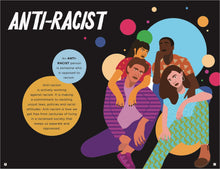 Load image into Gallery viewer, Pages 6-7 titled Anti-Racist provide definitions of anti-racist and anti-racism. Illustraton of young people (1 black man, 1 East Asian woman, 1 medium-skinned man, and 1 white woman) sitting together. 
