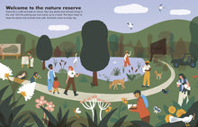 Load image into Gallery viewer, Inside spread reads &#39;Welcome to the nature reserve&#39; followed by a paragraph of text. Illustration shows people of different skin colours and genders in a park doing different activities like drawing, wading, walking &amp; talking, beekeeping, and feeding a lamb. 
