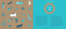 Load image into Gallery viewer, Inside spread of pages 118-9. Left page shows a grid with illustrations of animals in white, blue and brown. Animals include birds, fish, giraffe, snake, fox, lizards, and a unicorn. On page 119 is the title The Modern Constellations, Animals and People, followed by two paragraphs of text. 
