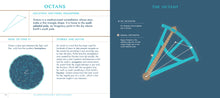 Load image into Gallery viewer, Inside spread of pages 178-9. 178 shows title Octans and headings &#39;Location&#39;, &#39;how to find it&#39; and &#39;stories and myths&#39;. In the bottom left is a round blue map showing where it is in relation to the other constellations. page 179 reads The Octant with an illustration covering the constellation. Two stars are highlighted within the constellation with names and facts beside the illustration. 
