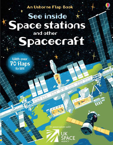 Book cover shows illustration of International Space Station orbiting Earth with star-spotted space in the background. The cover reads 