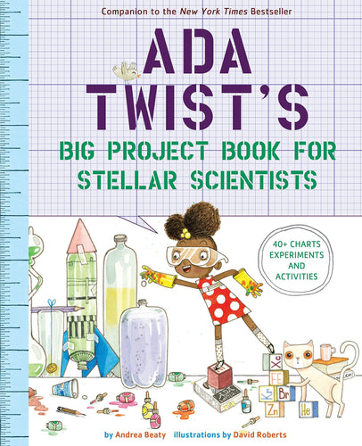 Book cover looks like lined paper with book title in large letters on the top half. On the bottom half is an illustration of a dark-skinned girl wearing gloves, goggles and a red dress conducts science experiments while a cat leans on some Periodic Table blocks. 