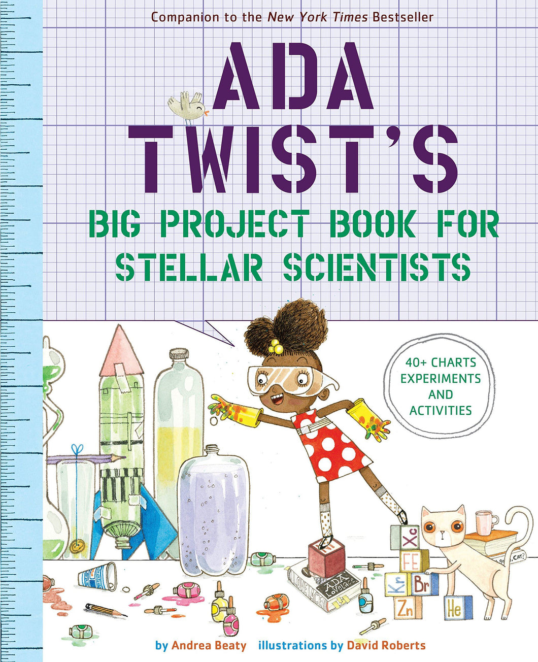 Book cover looks like lined paper with book title in large letters on the top half. On the bottom half is an illustration of a dark-skinned girl wearing gloves, goggles and a red dress conducts science experiments while a cat leans on some Periodic Table blocks. 