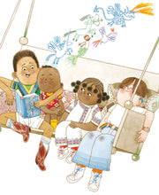 Load image into Gallery viewer, Three children of different skin tones and gender swing on a swing while one child reads to the others.  As they swing, coloured pencil drawings of animals float above their heads. 

