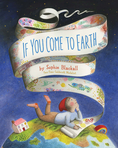 Book cover shows child lying on round planet Earth as it floats in space. A paper they are drawing on spirals out and reads 