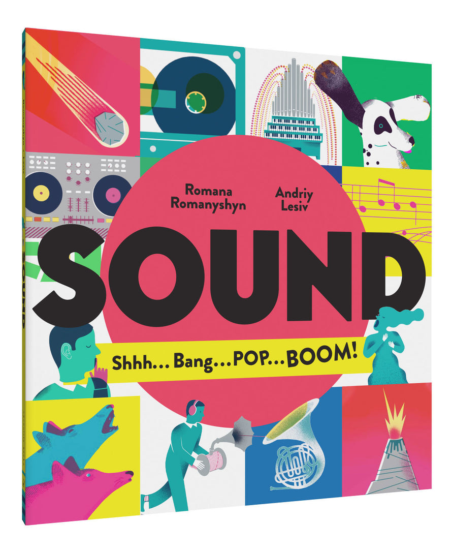 Book cover shows 16 colourful squares with different illustrations including French horn, volcano, wolves, singer, dog, organ, meteor, cassette tape and music sheet. Cover reads 