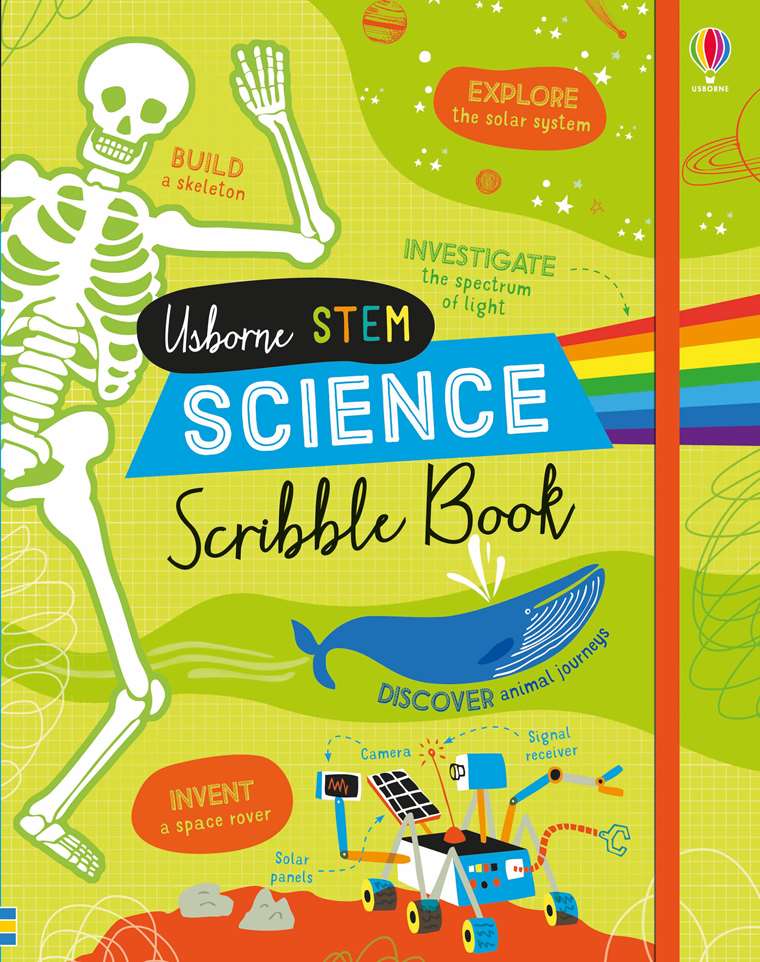 Science Scribble book cover is green with illustrations of skeleton, space rover and whale. Red stripe down the right hand side. Title reads 