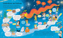 Load image into Gallery viewer, Pages 24-25 are titled &#39;Celebrations and Festivals&#39;. There is a large Chinese dragon being held up by children. Across the page are text boxes and pictures of different celebrations, like Christmas, Eid al-Fitr, Hannukah, Midsummer, Holi and Japanese Children&#39;s Day. The children on the page are different races and genders.
