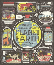 Load image into Gallery viewer, Book cover is black with different ecosystems illustrated within bottles and other transparent containers. The middle bottle holds the Earth. 
