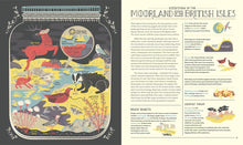 Load image into Gallery viewer, Pages 20-21 titled &quot;Ecosystem of the Moorland of the British Isles&quot; with an illustration of red deer, badgers, red grouse and more creatures in a bog with peat moss. The text shows 3 paragraphs, and shorter bold text in sentences with images. Sections read &quot;biggest benefits, greatest threat&quot;. 
