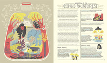 Load image into Gallery viewer, Pages 58-59 focus on the &quot;Ecosystem of the Congo Rainforest&quot;. Illustration shows gorilla, elephant, okapi and more creatures among palm and other trees. 3 paragraphs of text, then 5 bold sentences with images. Sub sections titled &quot;Biggest benefits, greatest threat&quot;
