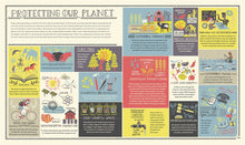 Load image into Gallery viewer, Pages 108-109 titled &quot;Protecting our planet&quot;, shows illustrated and text-filled boxes with different actions people can take. Some read &quot;educate, volunteer, plant trees, recycle and reuse, reduce your carbon footprint, alternative energy&quot;. Below each idea is a sentence or more providing more context or information. 5 illustrated people (3 white, 2 Black)

