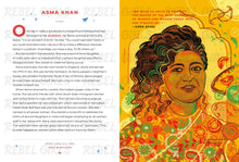 Load image into Gallery viewer, Page 20-21 about Asma Khan (an Indian chef). Underneath 3 paragraphs of text is &#39;born circa July 1969, India - England). Page 21 shows a yellow and orange illustration by Paola Rollo of Asma. A quote by Asma in the top left reads &#39;We need to unite to protect the rights of the next generation of women and women today who are struggling.&#39;
