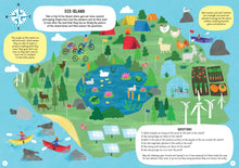 Load image into Gallery viewer, Pages 4-5 show an illustration of &quot;eco island&quot;. 4 text boxes in white and yellow, one with 6 questions. The main text reads &quot;take a trip to eco island, where you can relax, unwind and unplug. People here love the outdoors and do their best to look after the land they live on. Study the picture of the island below and then answer the questions.&quot; 3 people (1 white woman, one medium-skinned man, and one dark-skinned man) are in kayaks and 3 people (1 white woman, 1 white man, 1 dark-skinned man) ride bikes.
