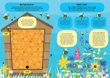 Load image into Gallery viewer, Pages 6-7 show illustration of bee hive with honeycomb maze, bees, and labelled flowers. Text boxes cover the page. 2 main sections read &quot;nectar delivery&quot; and &quot;honey hunt&quot;. 
